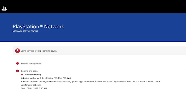صفحه وب سایت رسمی پلی استیشن نتورک که تمام خدمات تحت تأثیر را ذکر می‌کند.